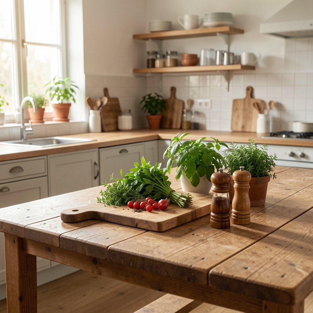 Helles Küchenatelier mit frischen Kräutern, Schneidebrett und Gewürzen auf einem langen Holztisch, natürliches Seitenlicht, ruhige editoriale Atmosphäre