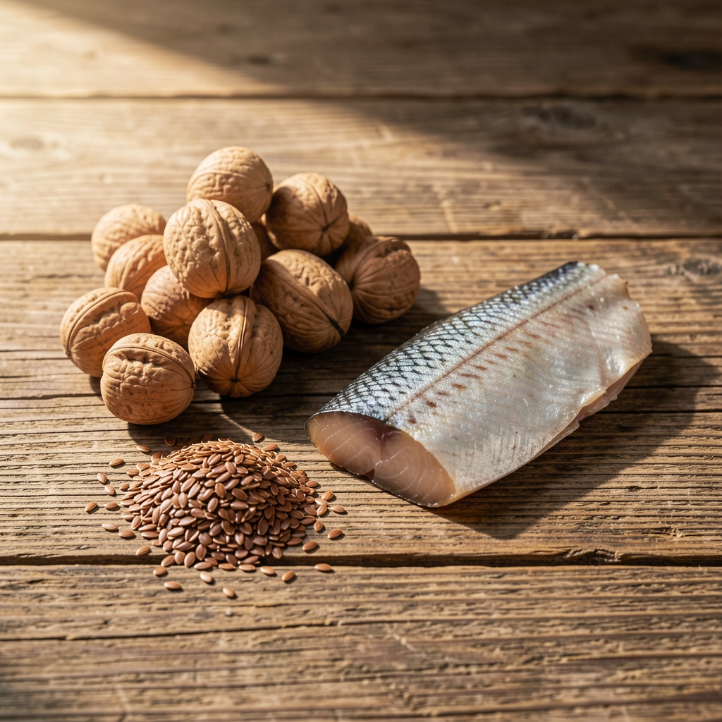 Frische Walnüsse und Leinsamenschale neben einem kleinen Fischfilet auf rustikalem Holztisch, Tageslicht von der Seite