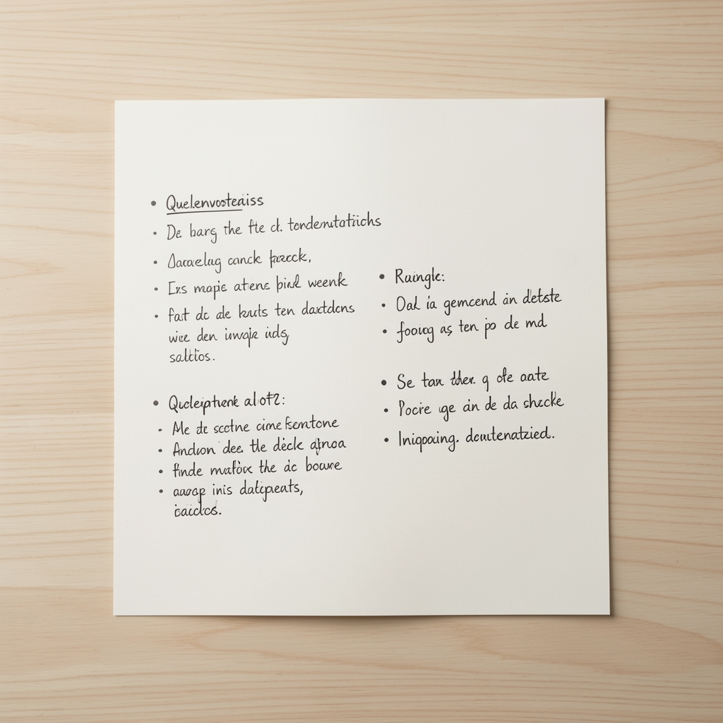 Aufgeschlagenes Notizbuch mit handgeschriebenen Rezeptnotizen und Quellenverweisen auf einem hellen Holztisch, reduzierte Draufsicht